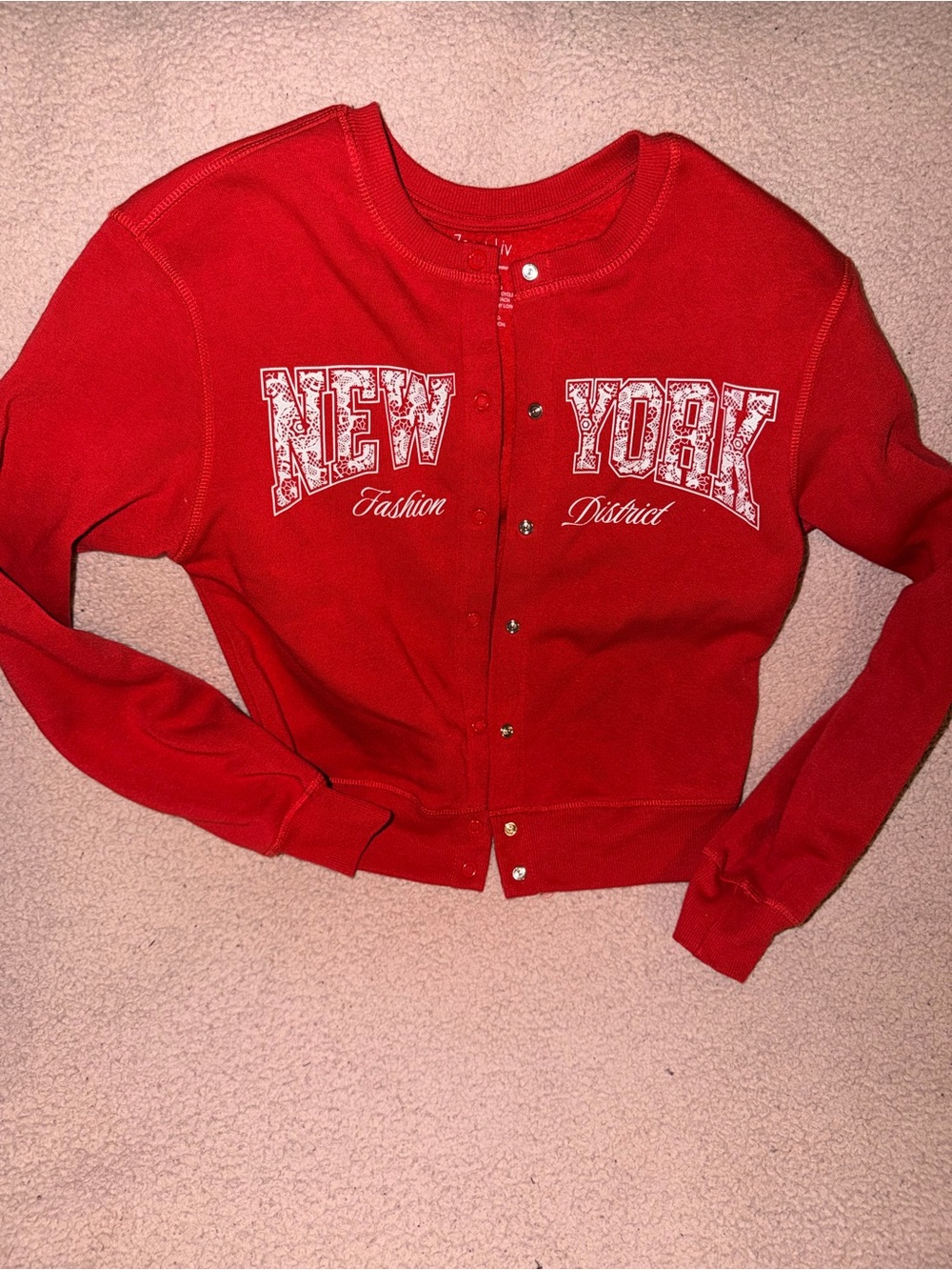 Zoe + Liv Red Snap-Front Varsity Jacket with New York Graphic